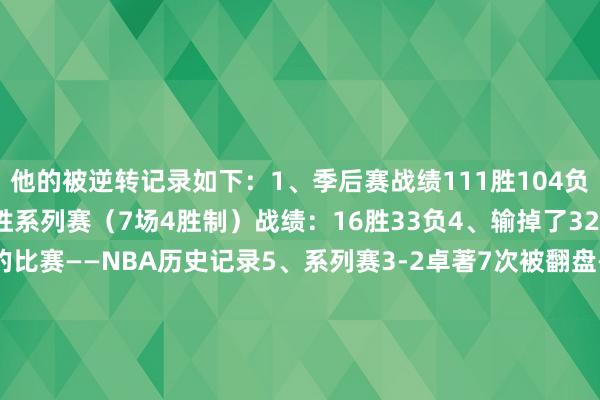 他的被逆转记录如下:1、季后赛战绩111胜104负2、1次总冠军3、拿下3胜系列赛(7场4胜制)战绩:16胜33负4、输掉了32场有契机散伙系列赛的比赛——NBA历史记录5、系列赛3-2卓著7次被翻盘——NBA历史记录6、10次输掉抢七大战——NBA历史记录7、系列赛卓著12次被逆转——NBA历史记录 体育赛事直播
